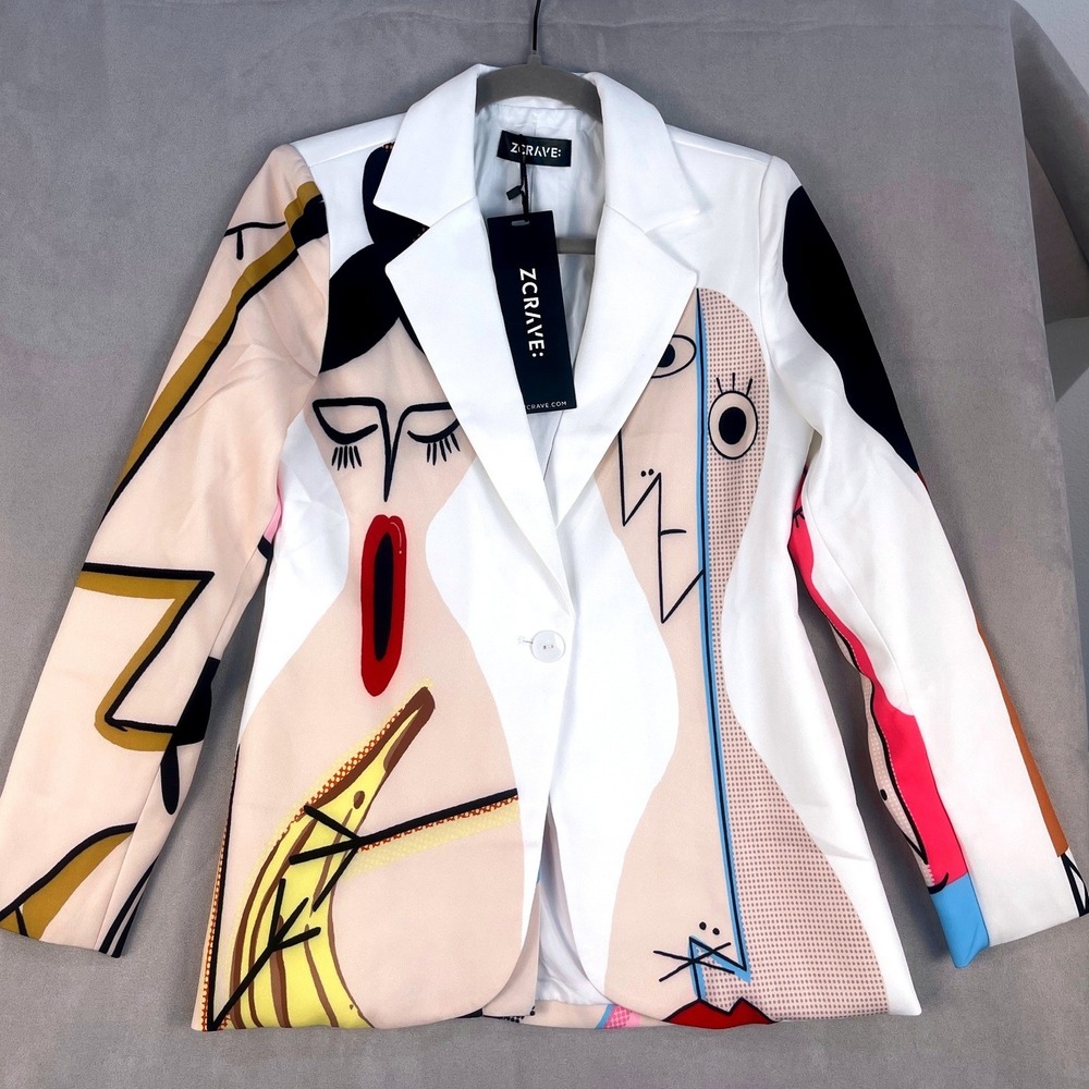 ZCRAVE Abstract Face Print Feather Back Blazer White Multi Color Small NWT
